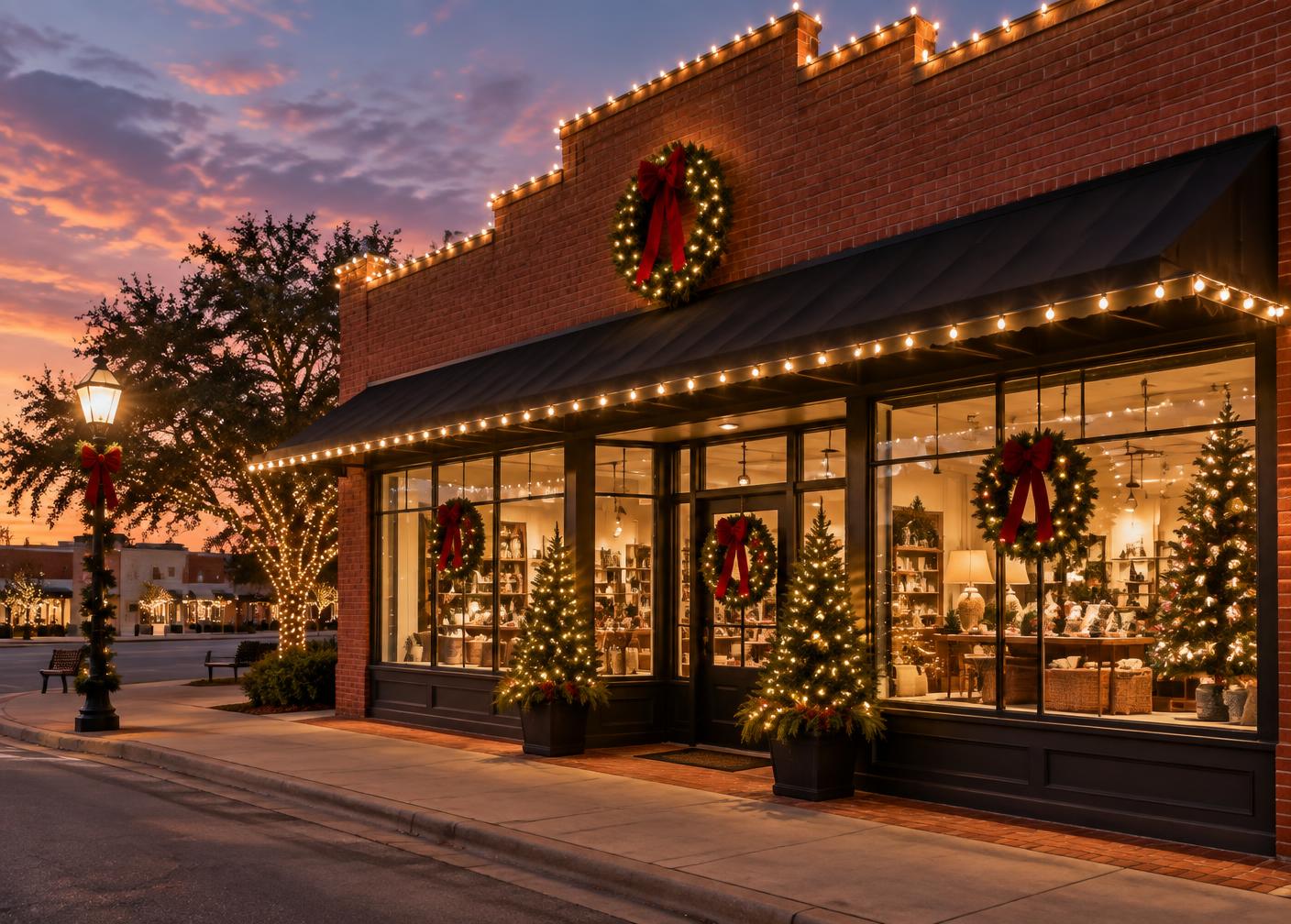 Texas storefront decorated with professionally installed holiday lights