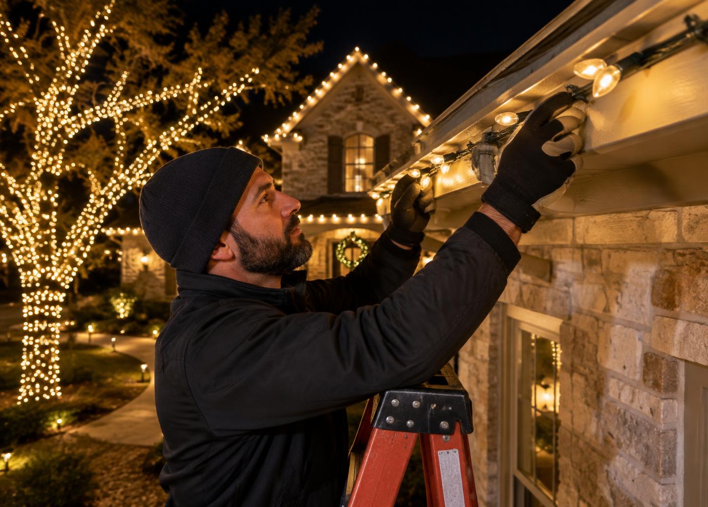 Installer checking Christmas lights on the eaves of a Texas home