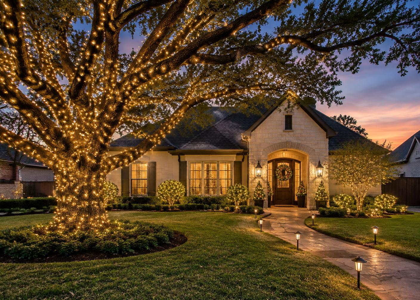 Texas home with a lit oak tree and glowing shrubs