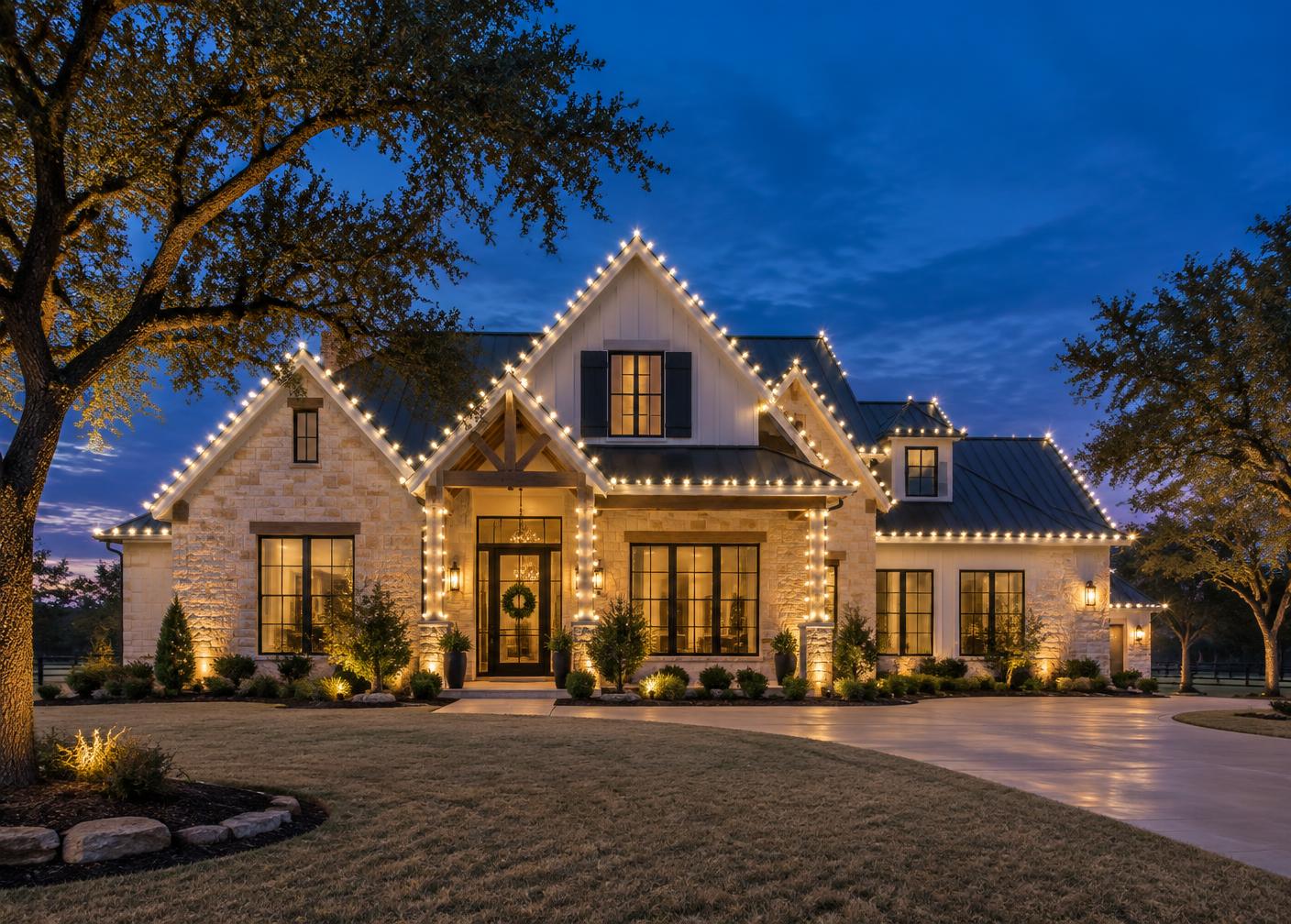 Texas home with warm Christmas lights along its rooflines and gables