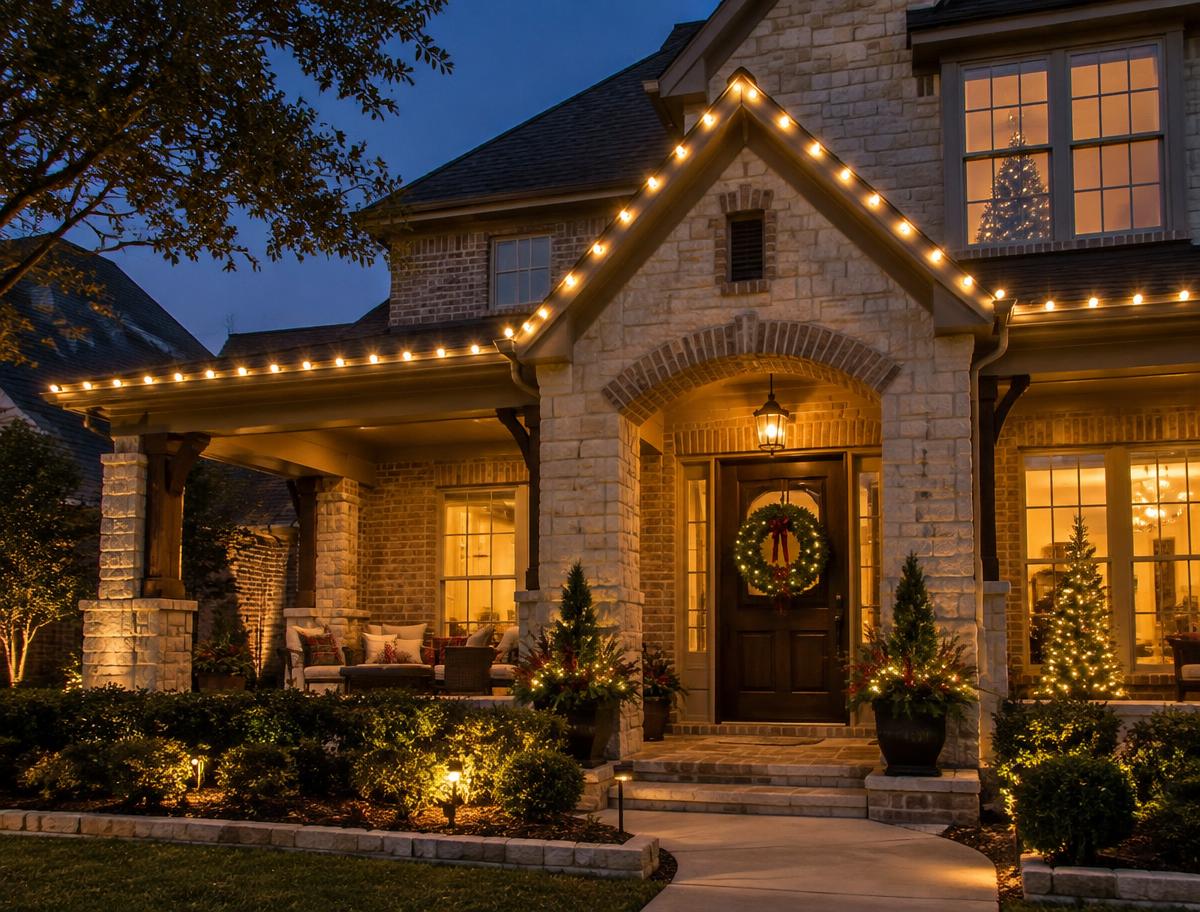 Warm Christmas lighting around a Texas home entrance